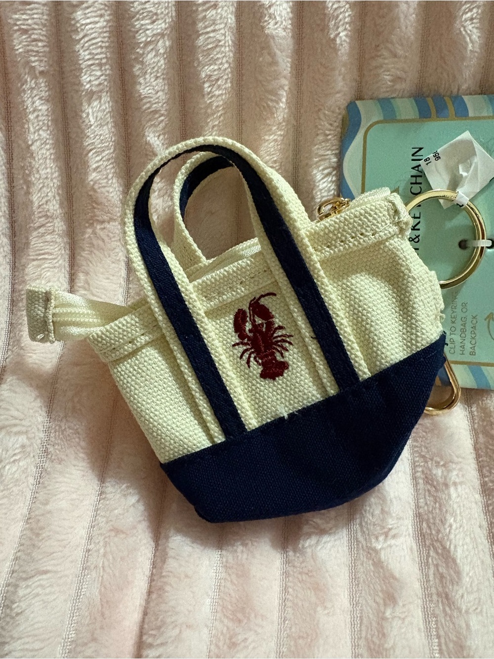 Cream and Navy Mini Tote Bag Keychain with Red Embroidered Lobster Accent NWT - Picture 2 of 3